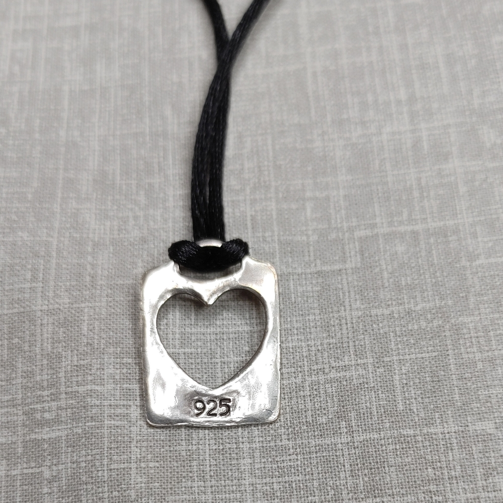 925 Sterling Silver 'Always' Open Heart Tag Pendant Black Cord Necklace  - Picture 2 of 4